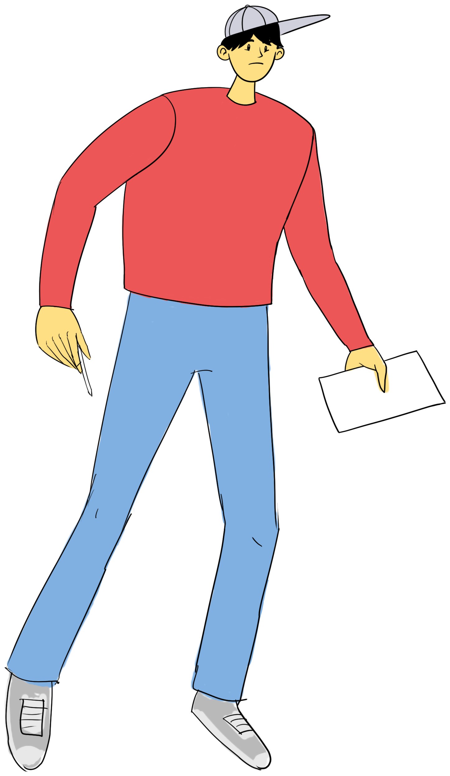 Original drawing of the character in a cap, holding a pencil and a sheet of paper