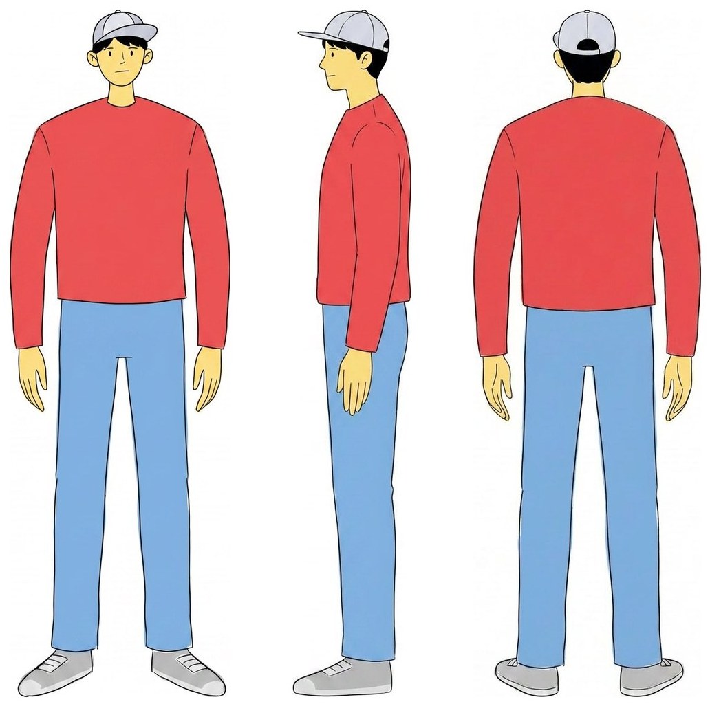 Character in a cap, turnaround: front, side and back